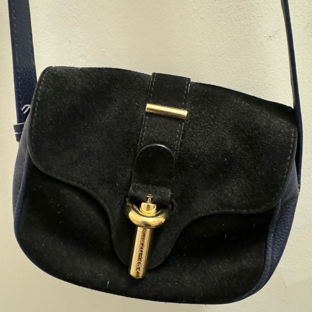 Balenciaga. Mini crossbody bag. Black suede with Navy leather. silver buckle.